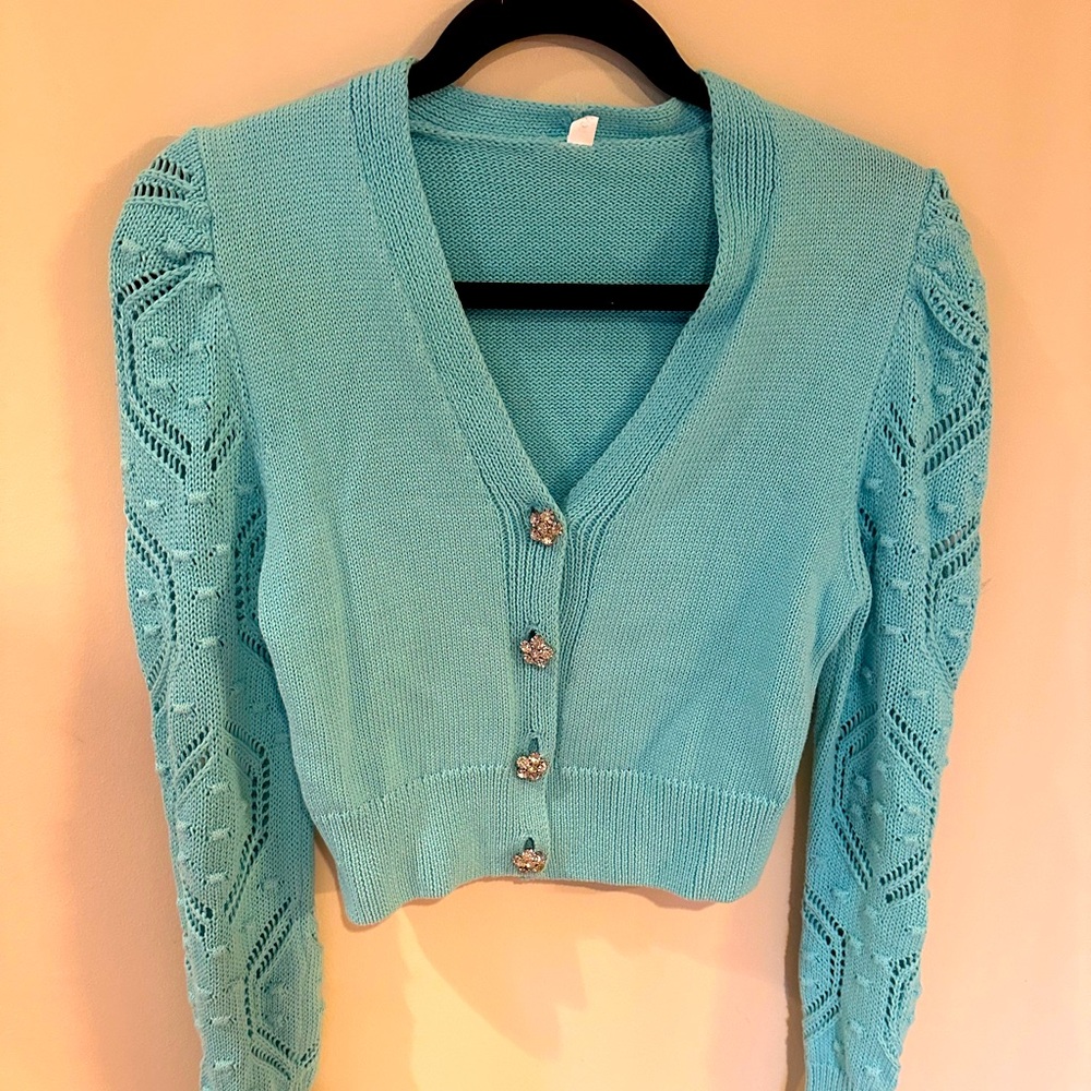 Bright teal jewel embellished cardigan